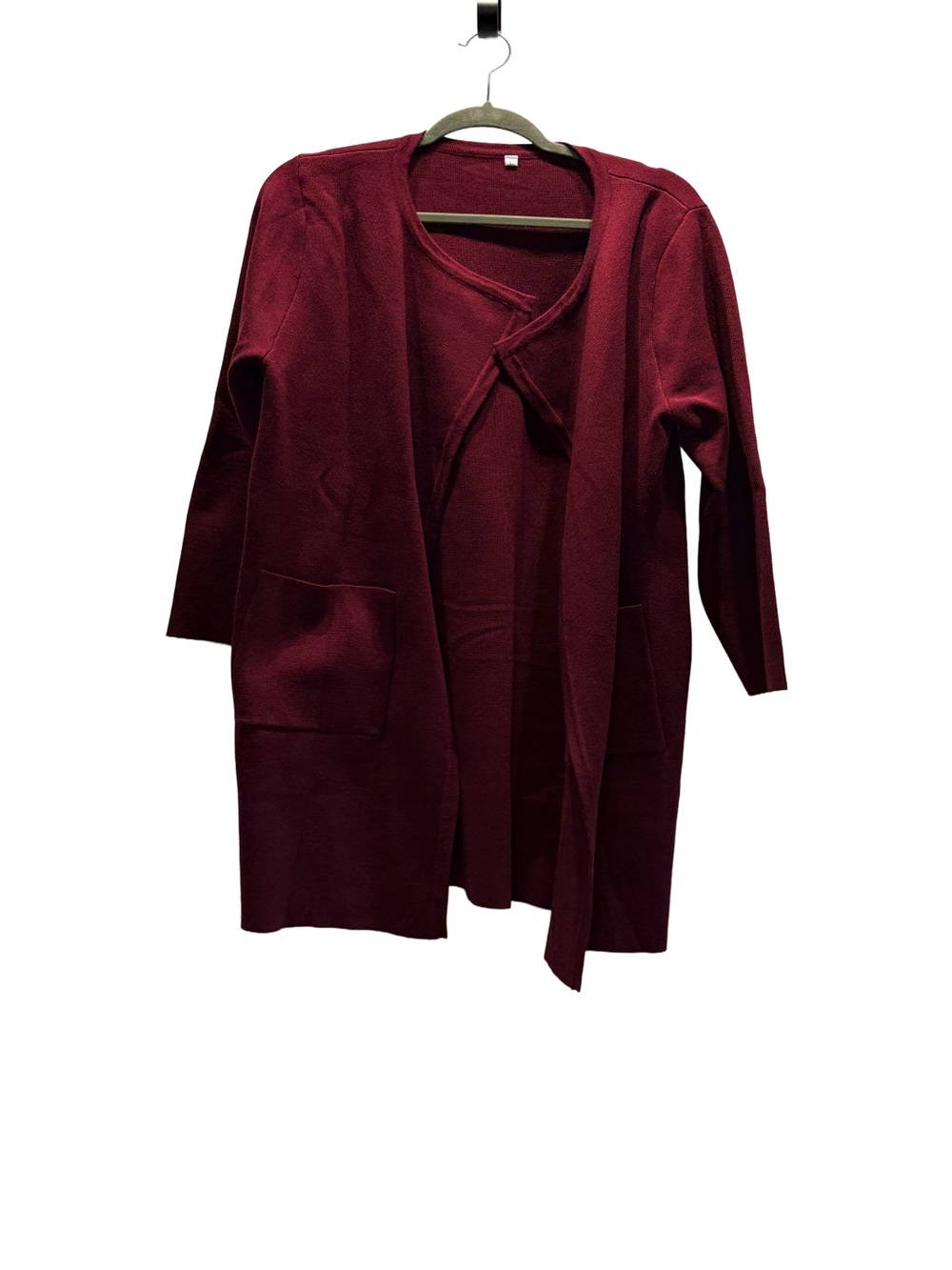 Burgundy Long Open Front Knit Cardigan with Pockets - L